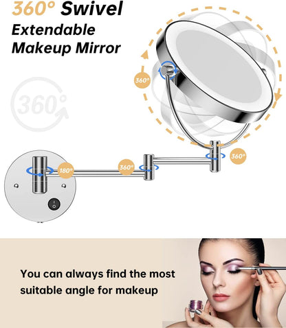 8.5 Inch LED Wall Mounted Makeup Mirror round Double Sided 1X/10X Magnifying Vanity Mirror with Lights 360 Degree Swivel Lighted Cosmetic Mirror (8.5 Inch-10X, Chrome Mirror with LED)