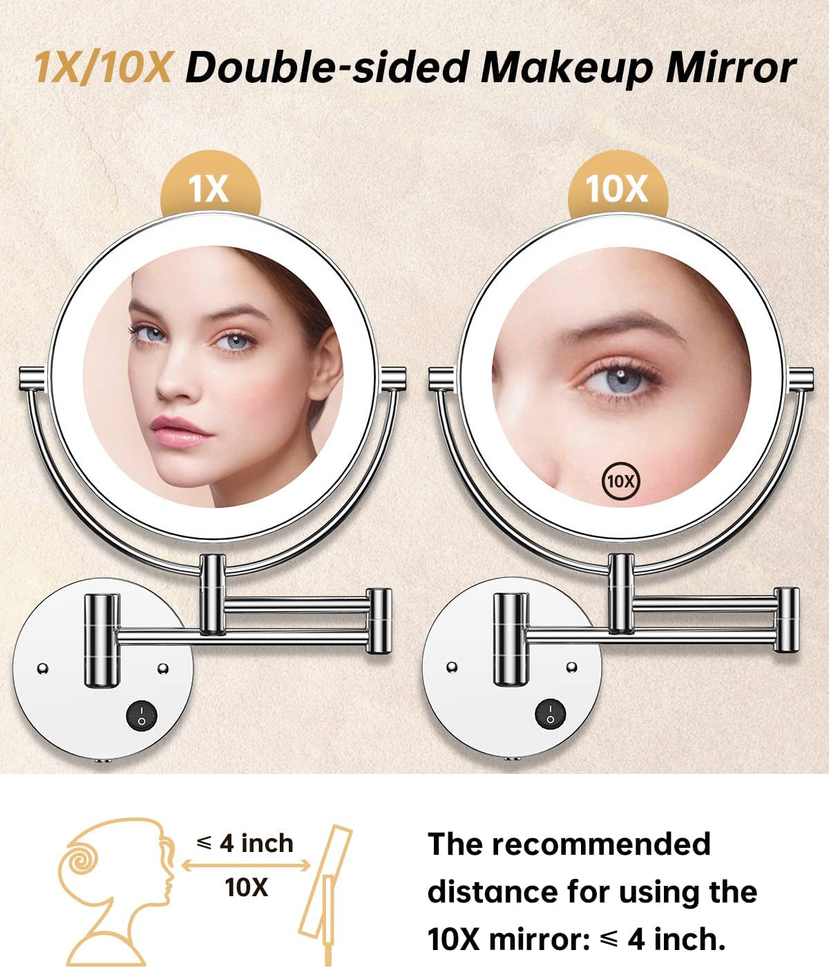 8.5 Inch LED Wall Mounted Makeup Mirror round Double Sided 1X/10X Magnifying Vanity Mirror with Lights 360 Degree Swivel Lighted Cosmetic Mirror (8.5 Inch-10X, Chrome Mirror with LED)