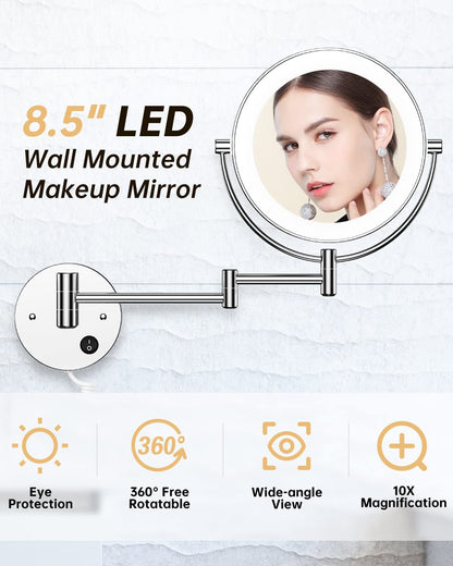 8.5 Inch LED Wall Mounted Makeup Mirror round Double Sided 1X/10X Magnifying Vanity Mirror with Lights 360 Degree Swivel Lighted Cosmetic Mirror (8.5 Inch-10X, Chrome Mirror with LED)