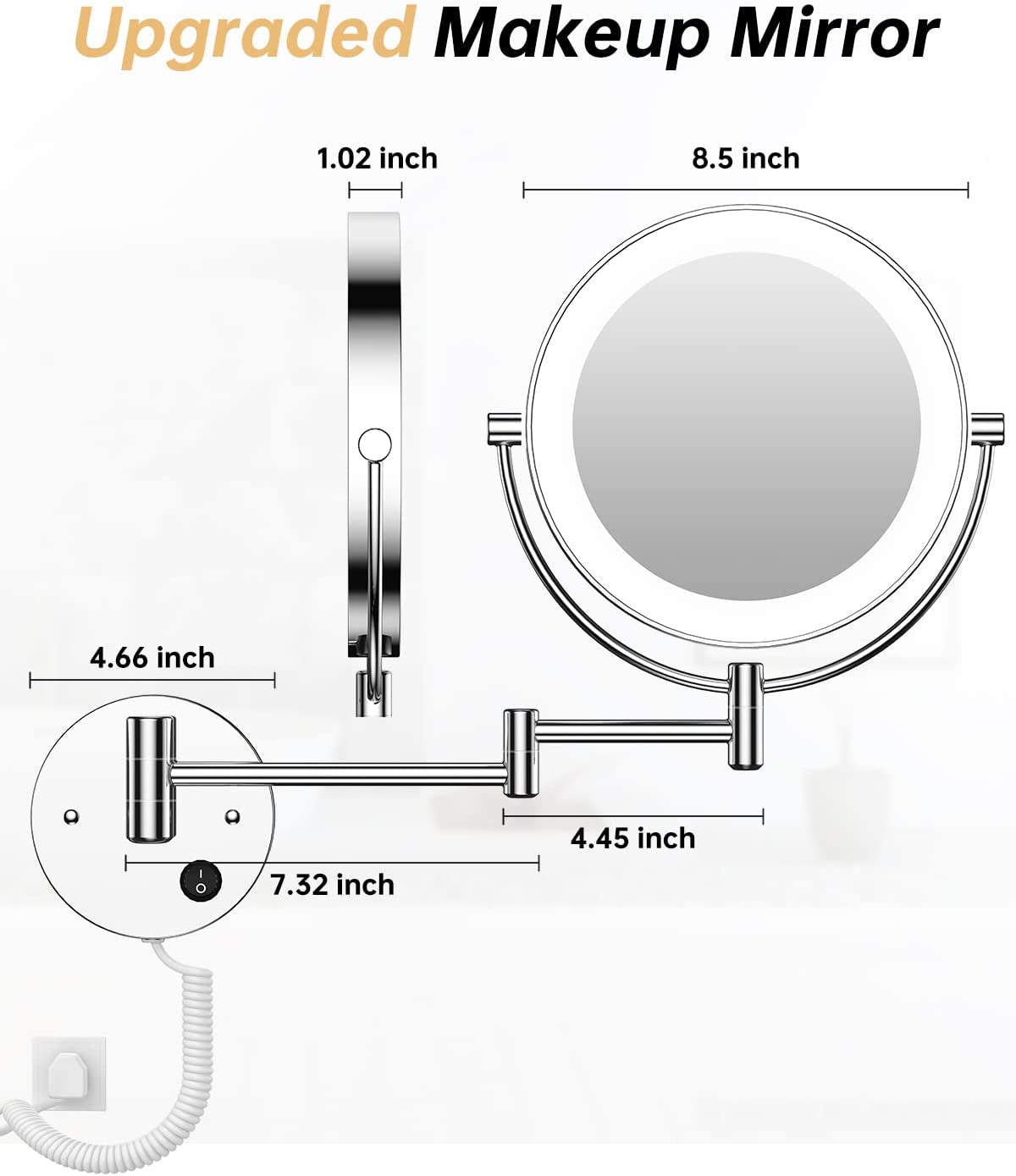 8.5 Inch LED Wall Mounted Makeup Mirror round Double Sided 1X/10X Magnifying Vanity Mirror with Lights 360 Degree Swivel Lighted Cosmetic Mirror (8.5 Inch-10X, Chrome Mirror with LED)