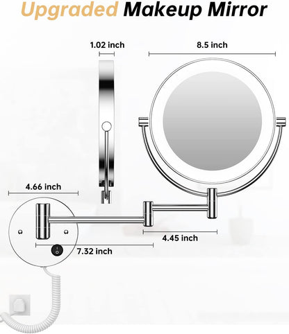 8.5 Inch LED Wall Mounted Makeup Mirror round Double Sided 1X/10X Magnifying Vanity Mirror with Lights 360 Degree Swivel Lighted Cosmetic Mirror (8.5 Inch-10X, Chrome Mirror with LED)