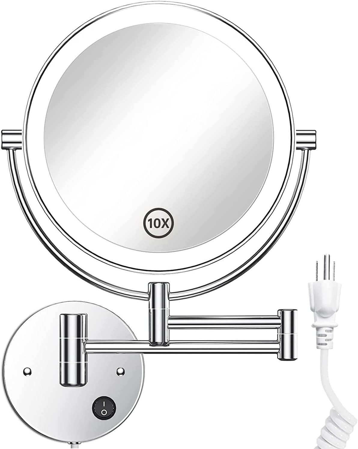 8.5 Inch LED Wall Mounted Makeup Mirror round Double Sided 1X/10X Magnifying Vanity Mirror with Lights 360 Degree Swivel Lighted Cosmetic Mirror (8.5 Inch-10X, Chrome Mirror with LED)