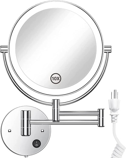 8.5 Inch LED Wall Mounted Makeup Mirror round Double Sided 1X/10X Magnifying Vanity Mirror with Lights 360 Degree Swivel Lighted Cosmetic Mirror (8.5 Inch-10X, Chrome Mirror with LED)